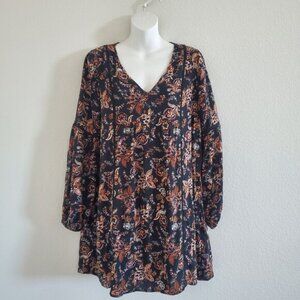 Altar'd State Floral Mini Trapeze Dress M Black Balloon Sleeve Crochet Trim Boho